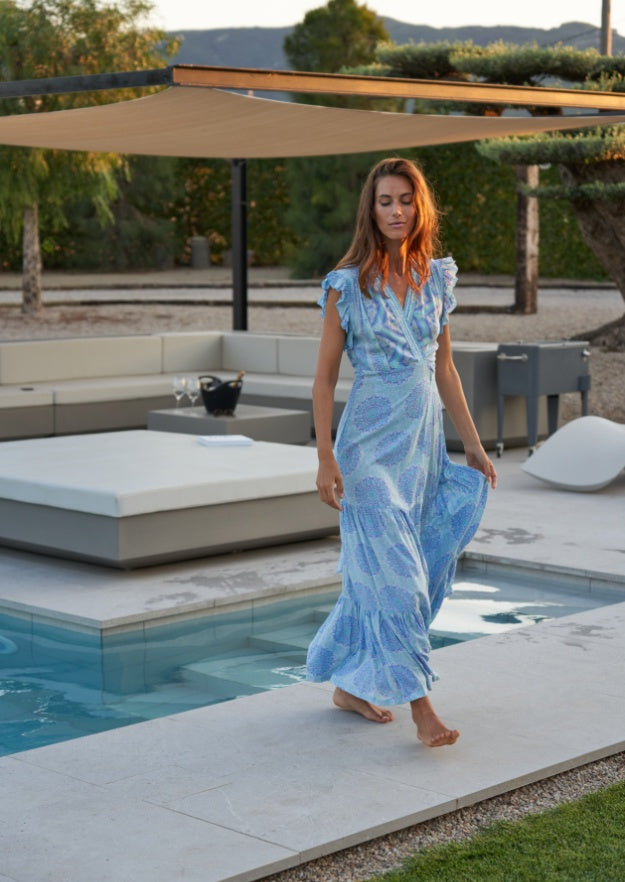 Izzy Wrap Dress // Benirras Print - Aqua 