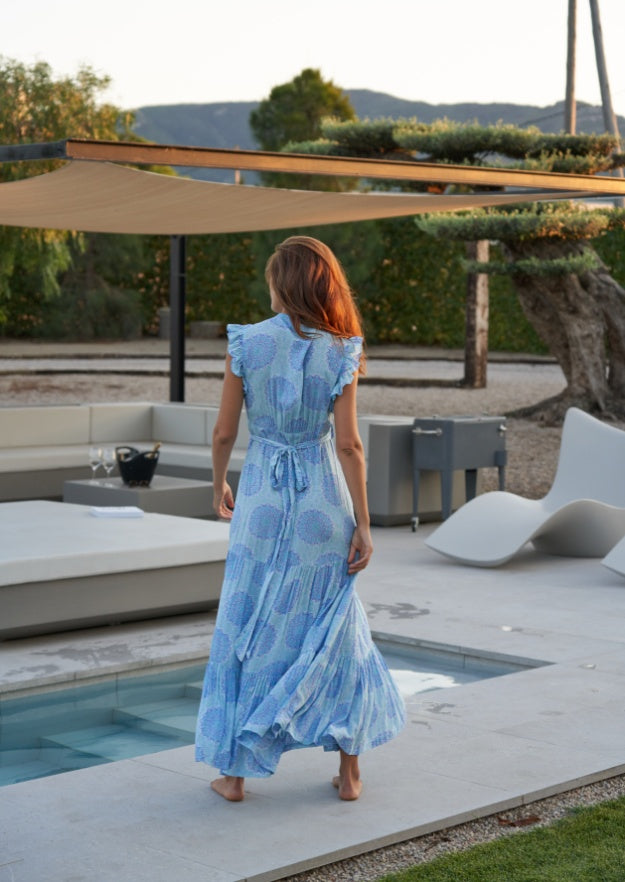 Izzy Wrap Long Dress // Benirras Print - Aqua